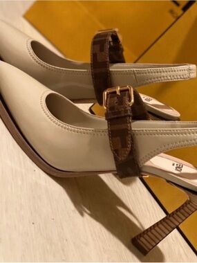 Fendi Cream Slingback Pumps with Brown Monogram Strap and Gold Buckle